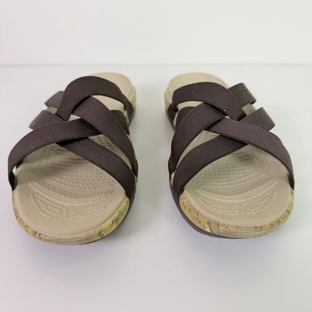 Crocs Edie Stretch Sandals Womens 9 Brown Criss Cross Strappy Comfort Slide - Picture 3 of 16